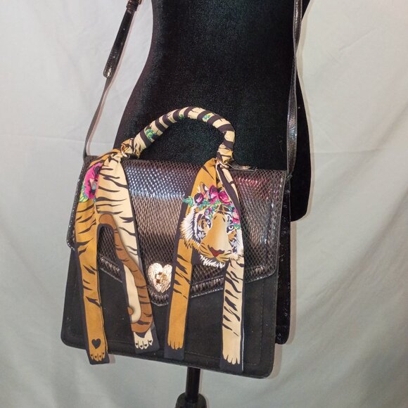 Betsey Johnson Handbags - Vintage BETSEY JOHNSON Animal Friendly Black Top-handle Bag w Tiger Scarf Detail
